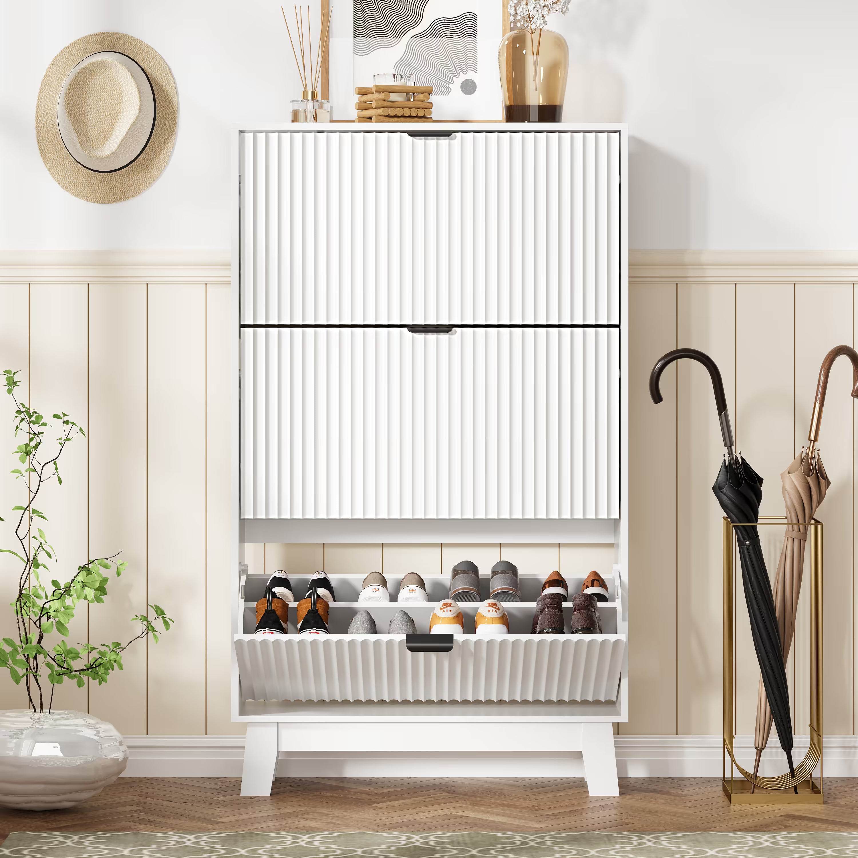 Anymaple white shoe cabinet 3 tier storage standing near front door entrance for space saving