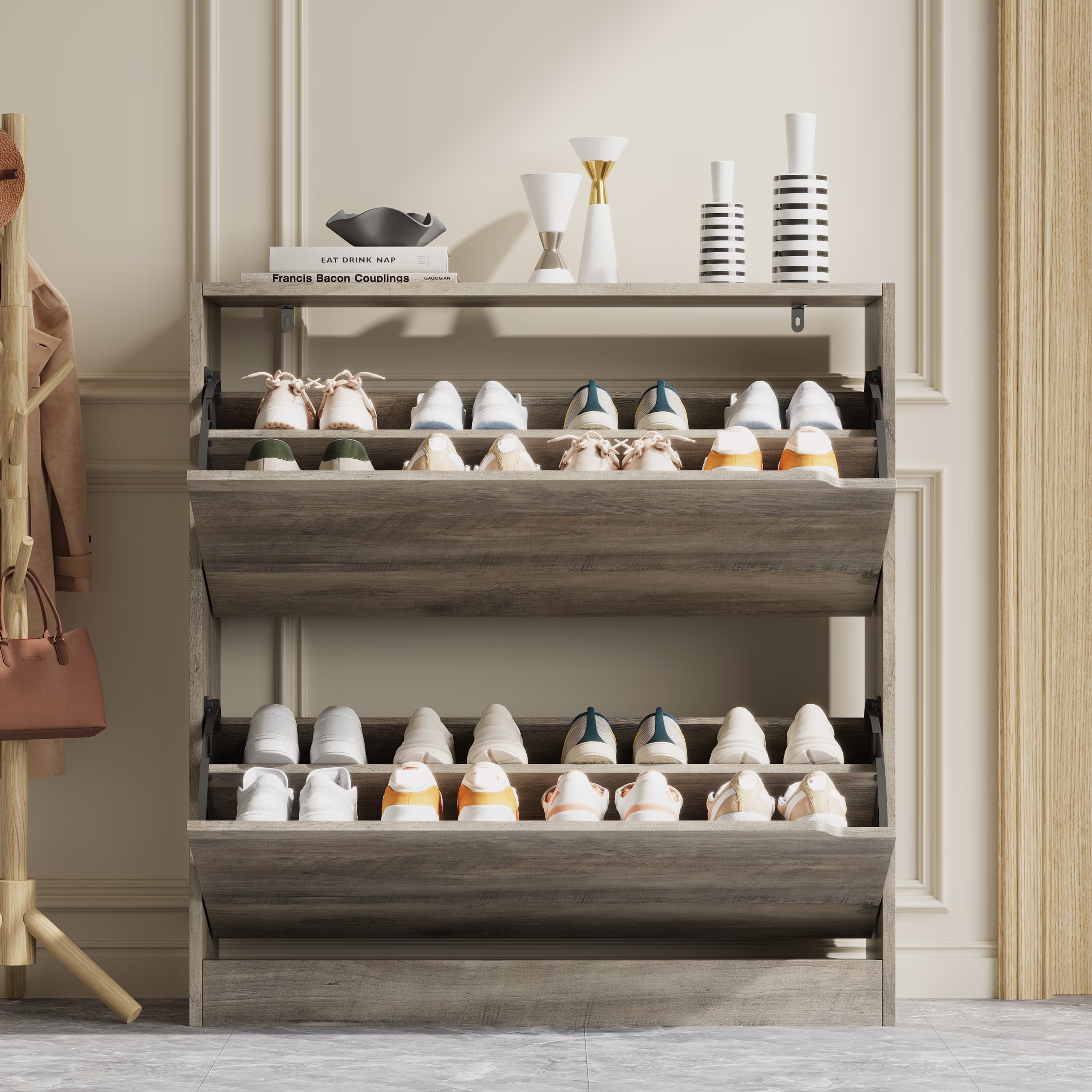 Stylish gray entryway shoe cabinet with decorative vases on top, featuring ample shoe cabinet storage for your daily footwear and sneakers.