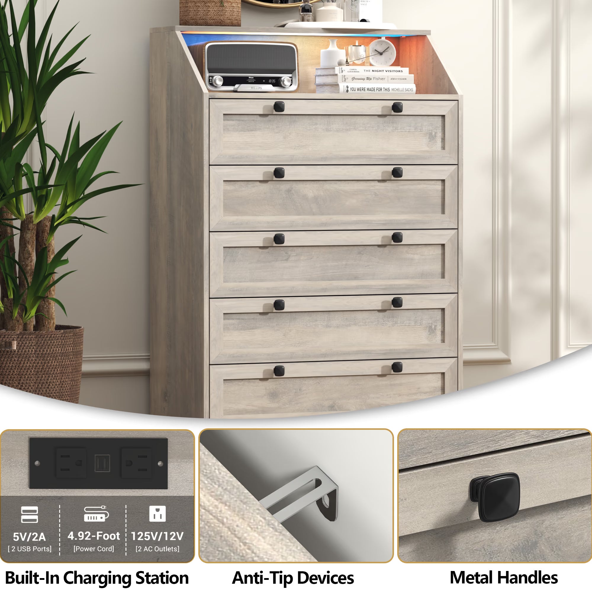 Built in charging station, anti tip safety bracket, and hardware on Wodeer HLG102 grey dresser