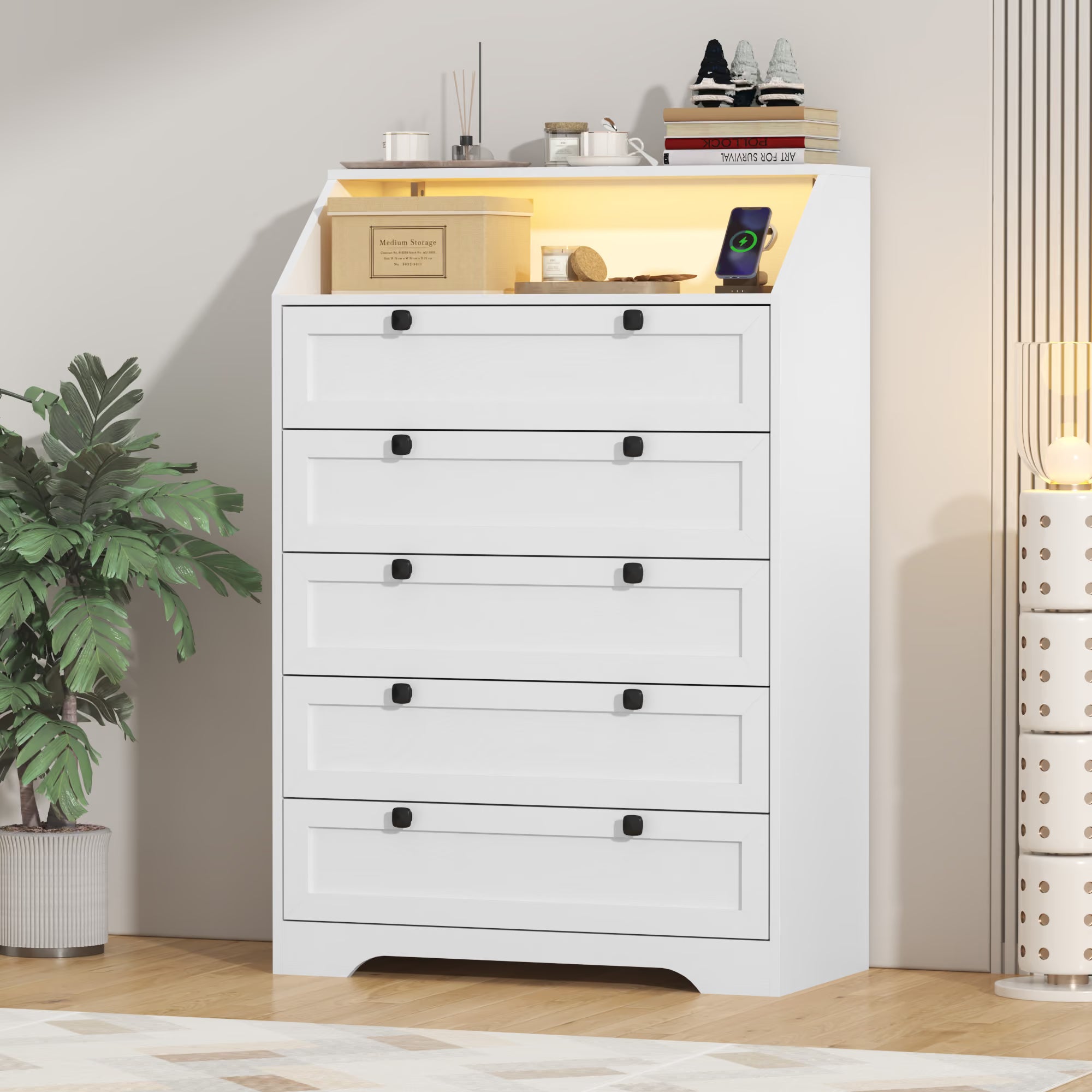 Wodeer Ashford HLG102 white wood dresser with warm glow lighting in modern bedroom