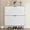 Anymaple Elora white slim shoe cabinet, front view with shoes underneath