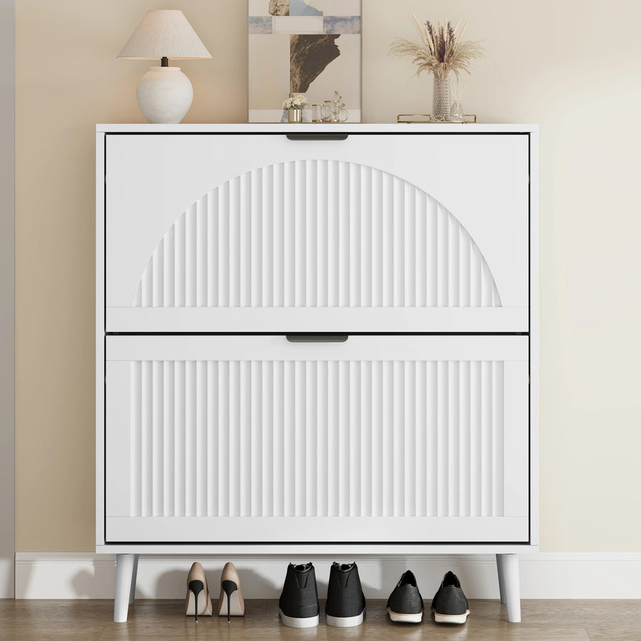 Anymaple Elora white slim shoe cabinet, front view with shoes underneath