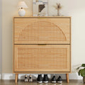 Anymaple Elora natural oak finish slim shoe cabinet, front view with shoes underneath