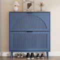 Anymaple Elora blue slim shoe cabinet, front view with shoes underneath