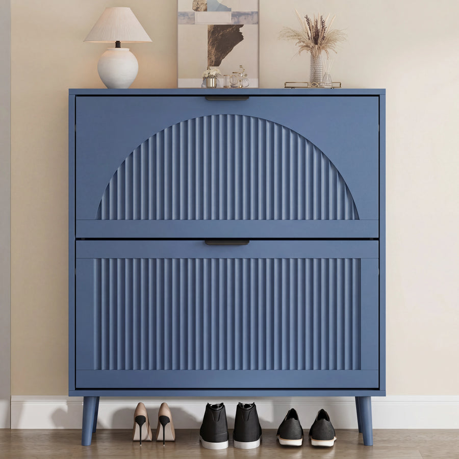 Anymaple Elora blue slim shoe cabinet, front view with shoes underneath