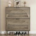 Anymaple Elora gray oak finish slim shoe cabinet, front view with shoes underneath