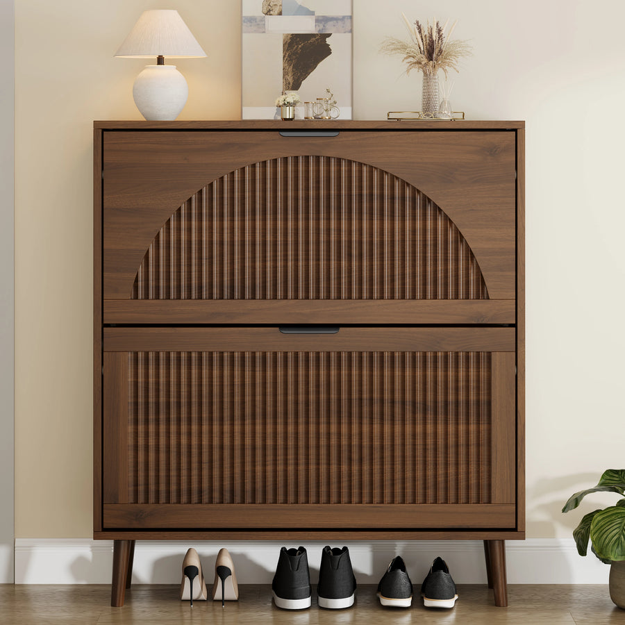Anymaple Elora walnut finish slim shoe cabinet, front view with shoes underneath