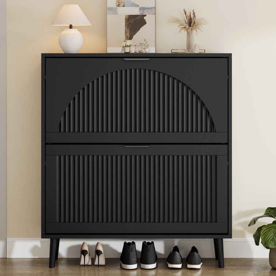 Anymaple Elora black slim shoe cabinet, front view with shoes underneath