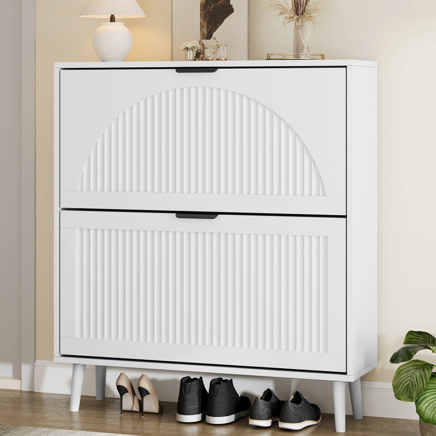 Anymaple Elora two-drawer slim shoe cabinet in white, closed three-quarter view