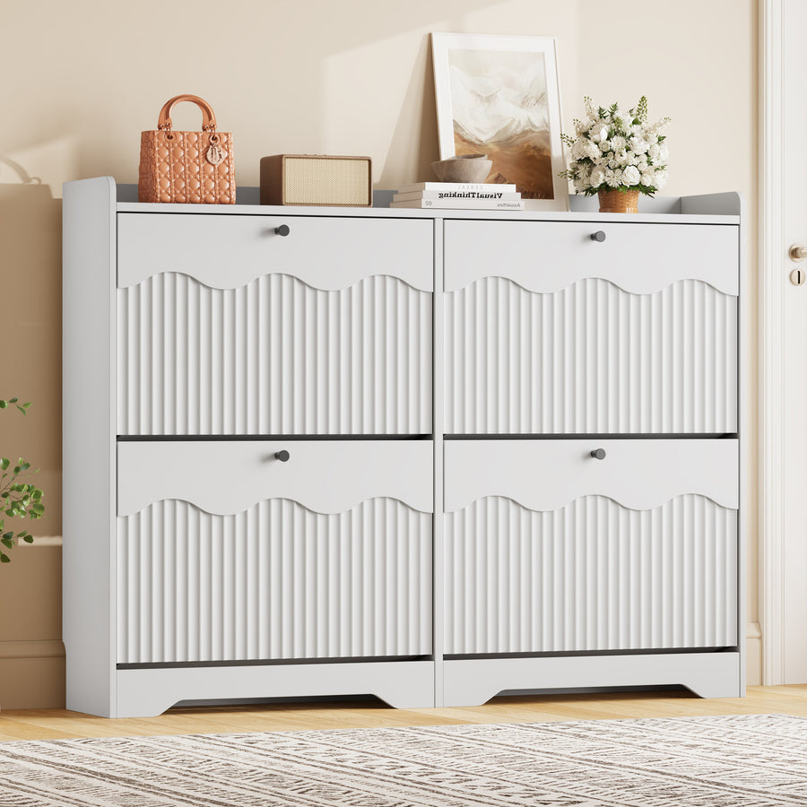 Wave-Edge Fluted Shoe Cabinet with 4 Flip Drawers