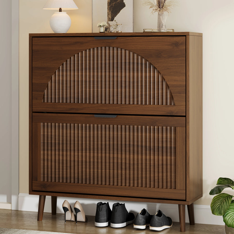 Anymaple Elora two-drawer slim shoe cabinet in walnut finish, closed three-quarter view