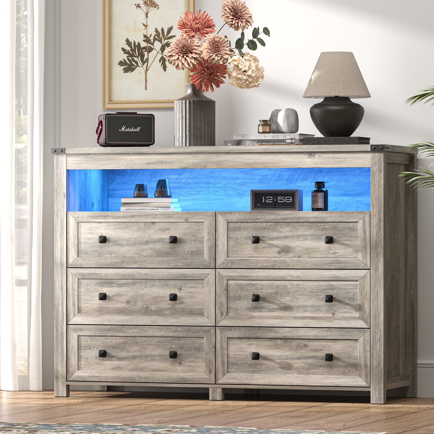 Liora  Six-Drawer High Dresser with LED Shelf