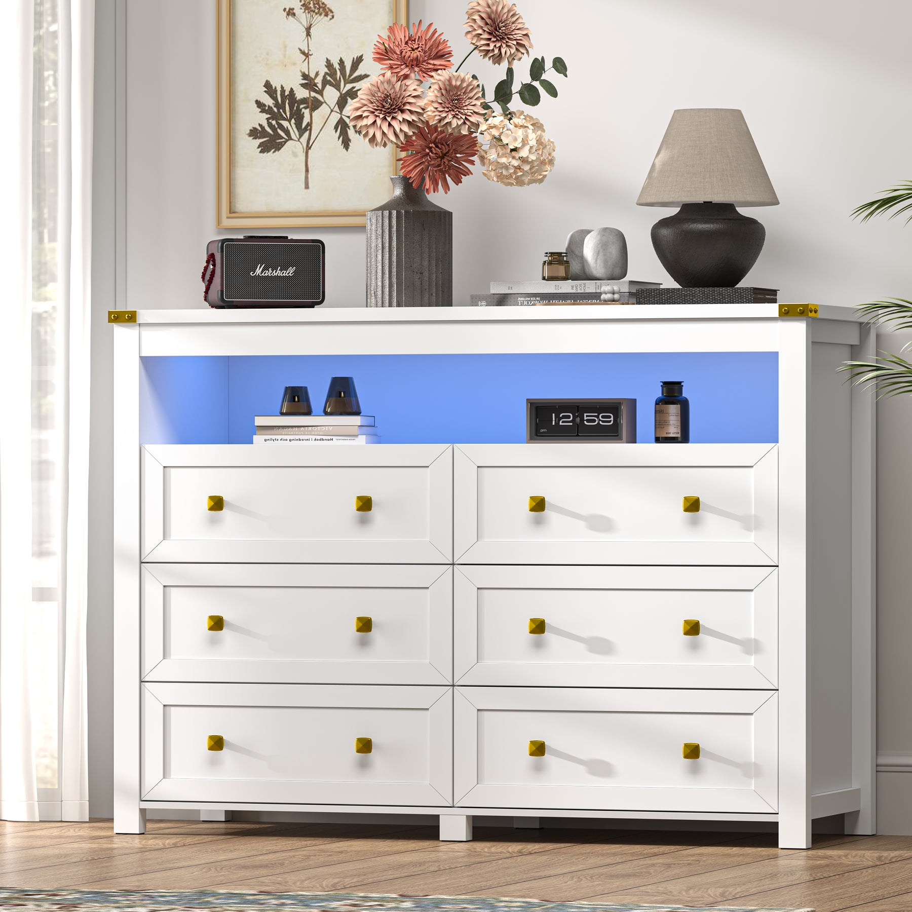 Liora  Six-Drawer High Dresser with LED Shelf