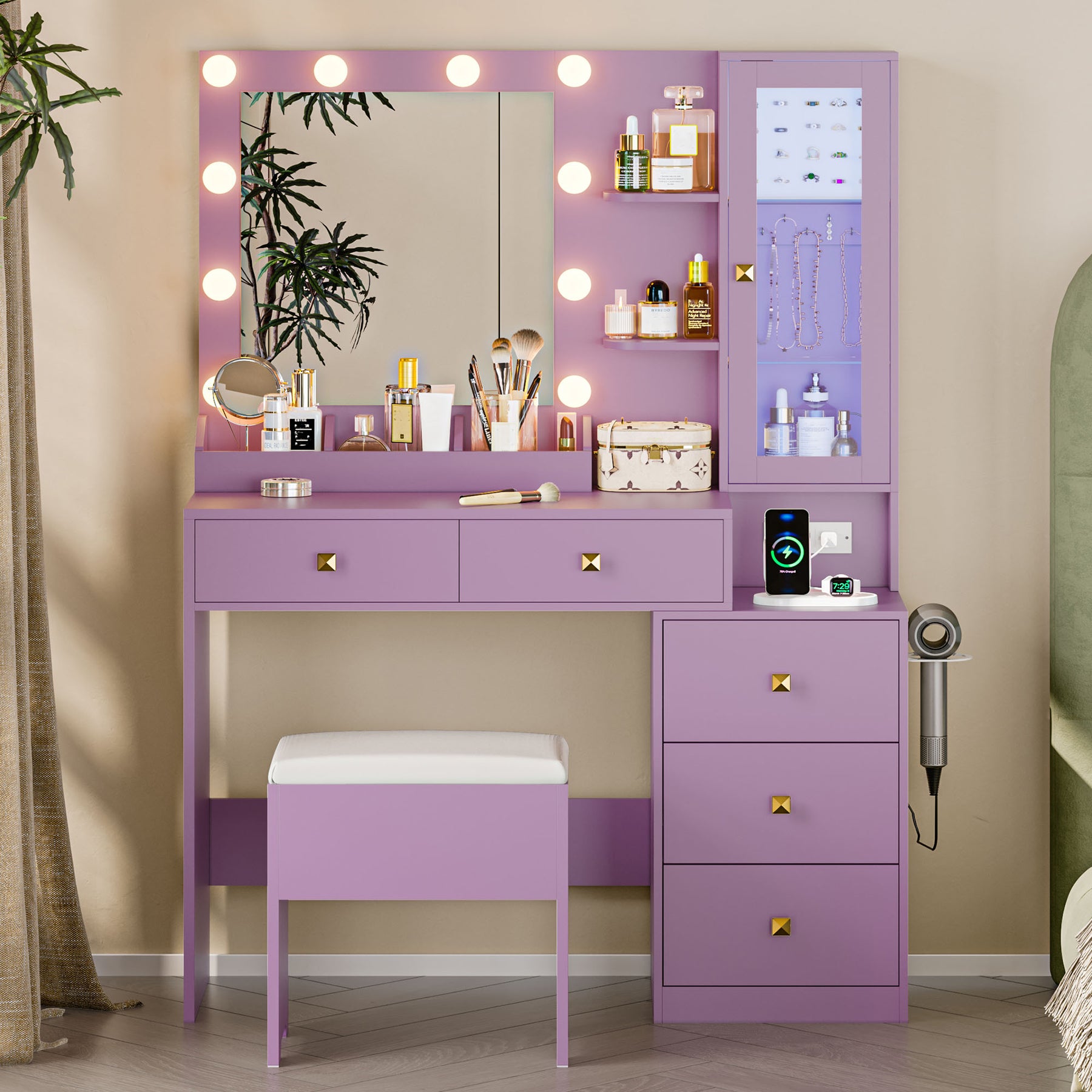 Lighted Makeup Vanity with Jewelry Cabinet