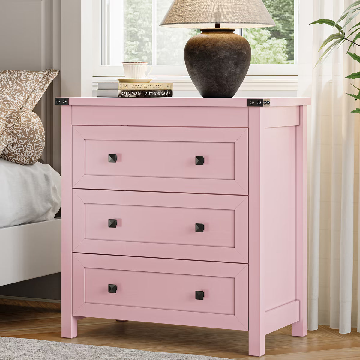 Farmhouse Nightstand with 3 Drawers – Wood Bedside Table