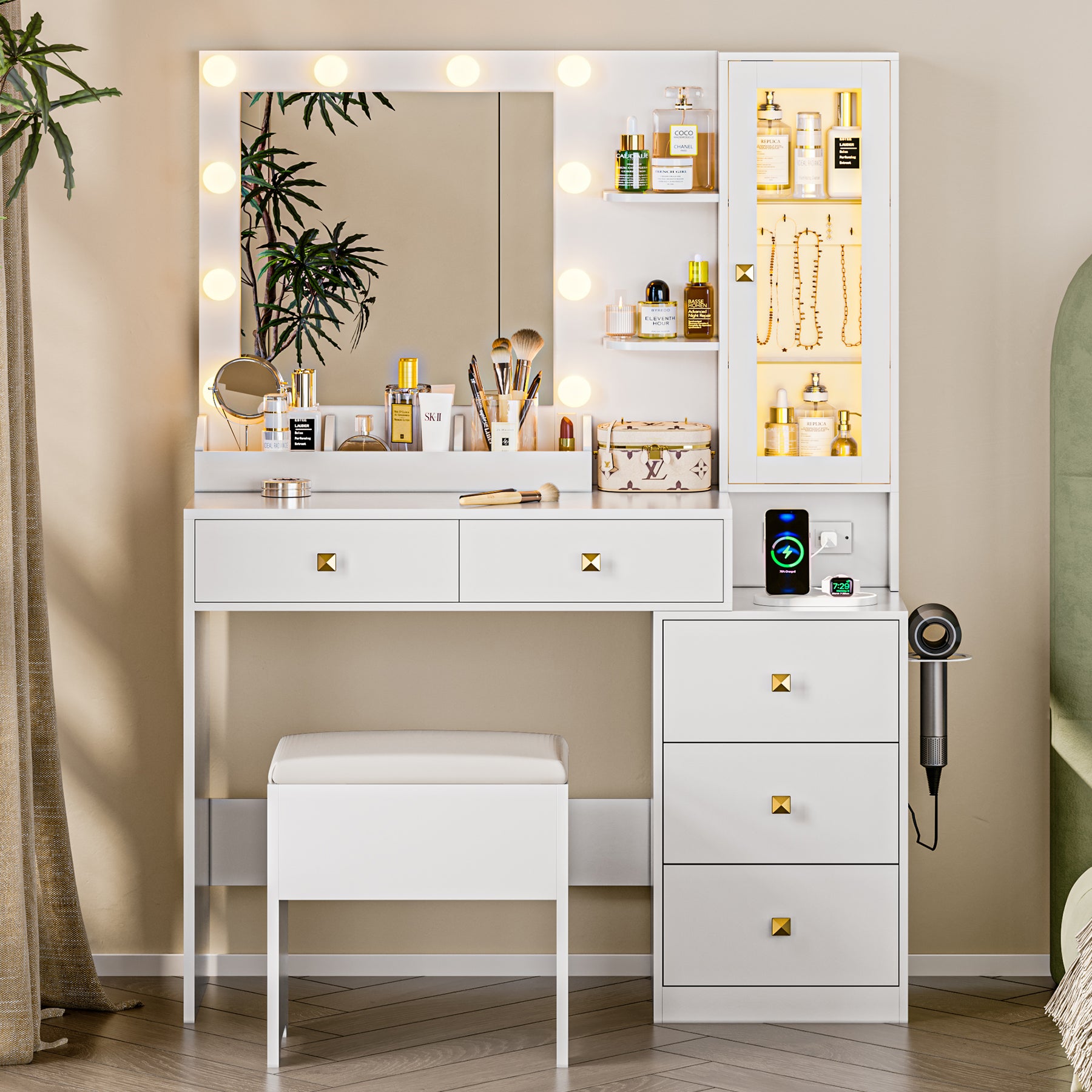 Lighted Makeup Vanity with Jewelry Cabinet