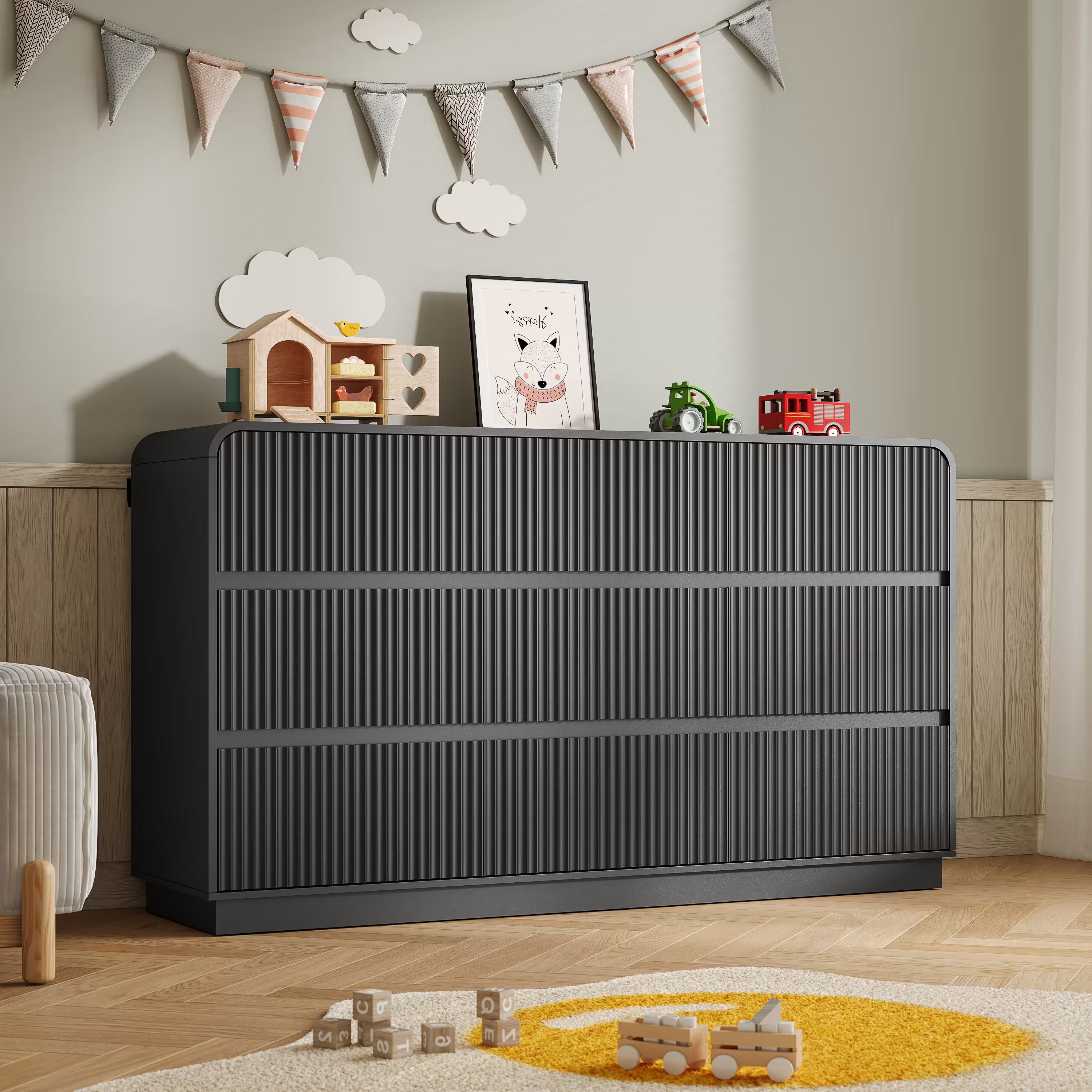 Mother and baby enjoying a clean and organized nursery with our premium black wood dresser
