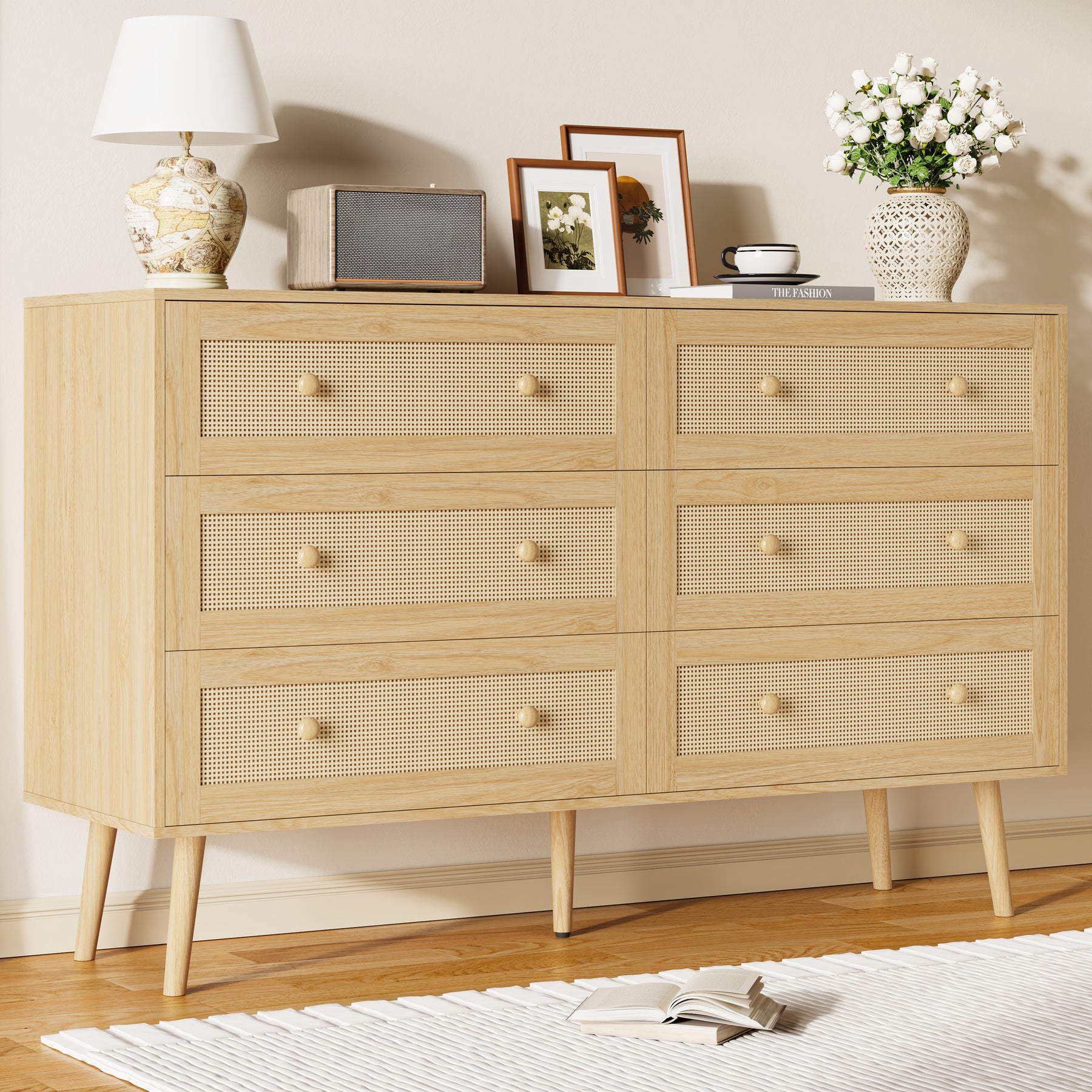 Anymaple Rattan Dresser for Bedroom, 6 Drawer 47.2'' Wide Boho Wood Dresser