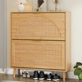 Anymaple Elora two-drawer slim shoe cabinet in natural oak finish, closed three-quarter view
