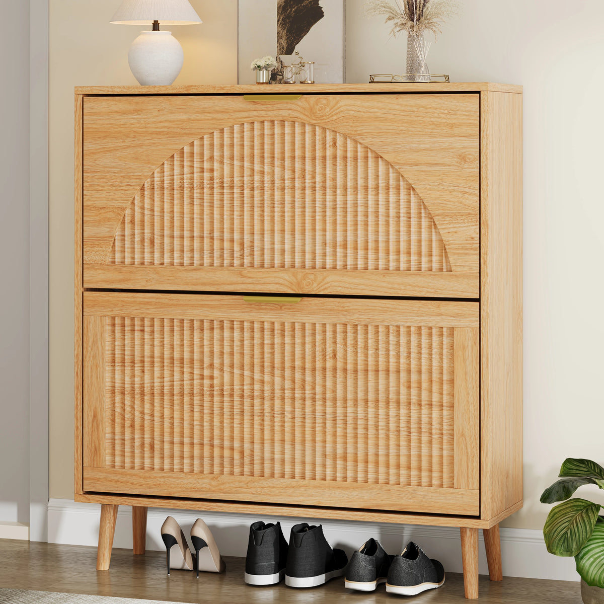 Anymaple Elora two-drawer slim shoe cabinet in natural oak finish, closed three-quarter view
