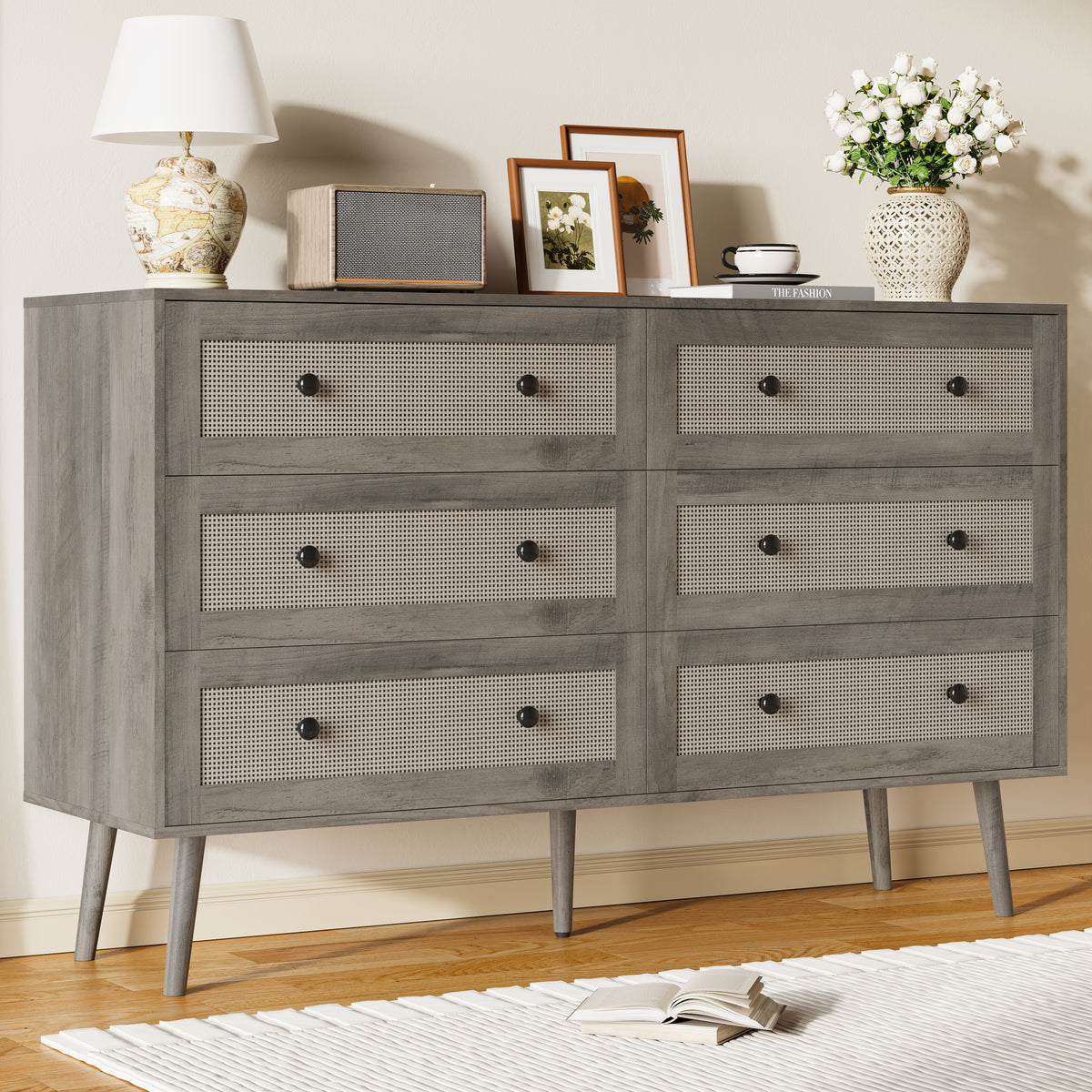 Anymaple Rattan Dresser for Bedroom, 6 Drawer 47.2'' Wide Boho Wood Dresser