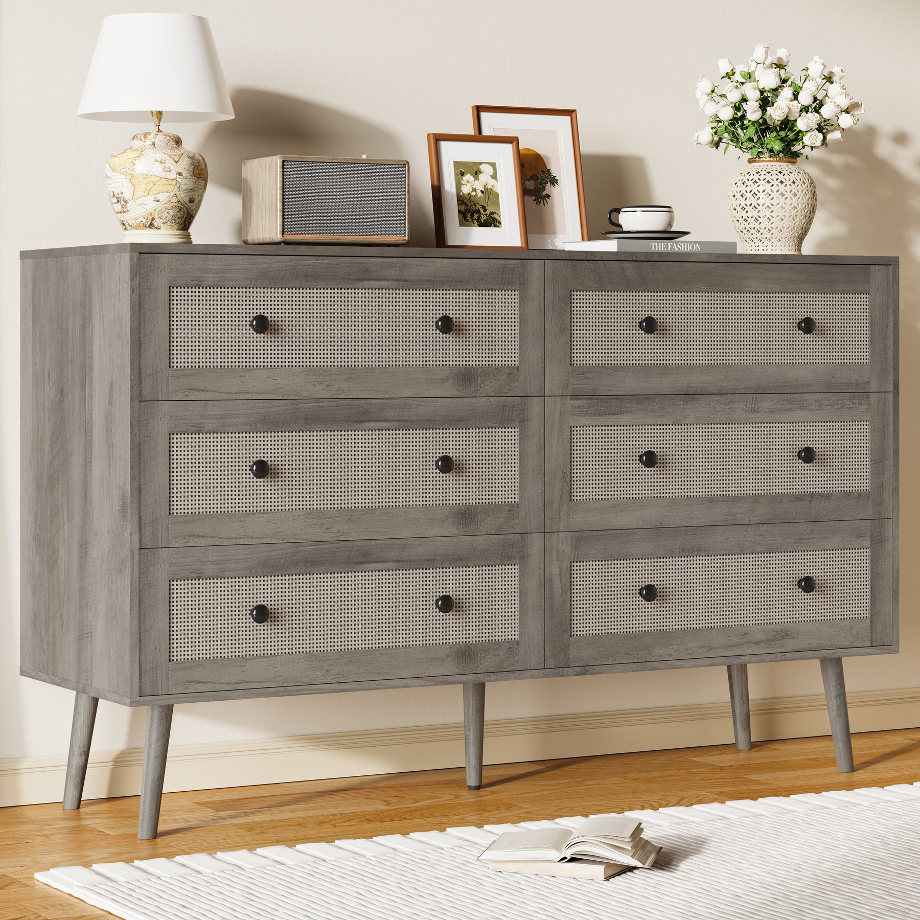 Anymaple Rattan Dresser for Bedroom, 6 Drawer 47.2'' Wide Boho Wood Dresser