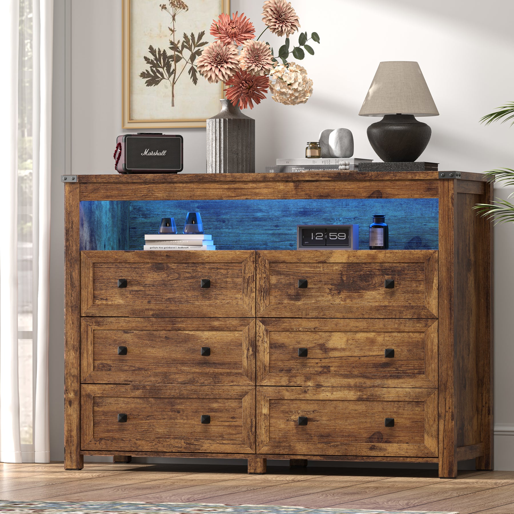 Liora  Six-Drawer High Dresser with LED Shelf