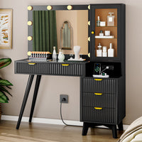 Linea Fluted Makeup Vanity Desk with Mirror & Lights, 5 Drawers| Anymaple