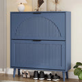 Anymaple Elora two-drawer slim shoe cabinet in blue, closed three-quarter view