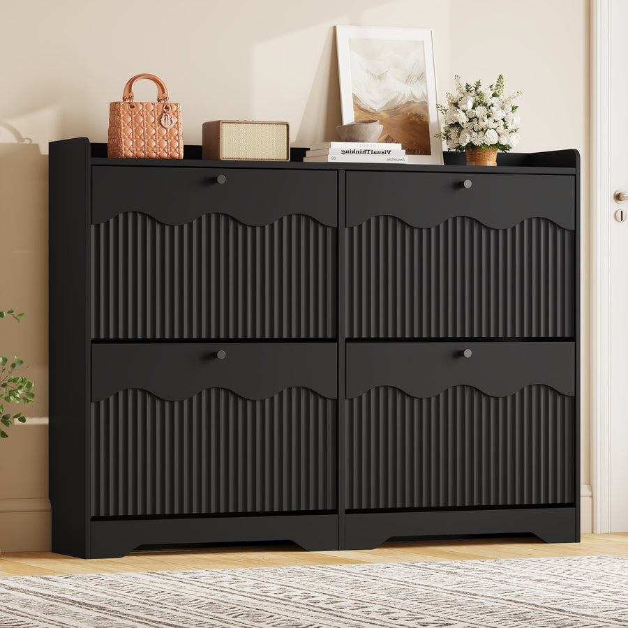 Wave-Edge Fluted Shoe Cabinet with 4 Flip Drawers