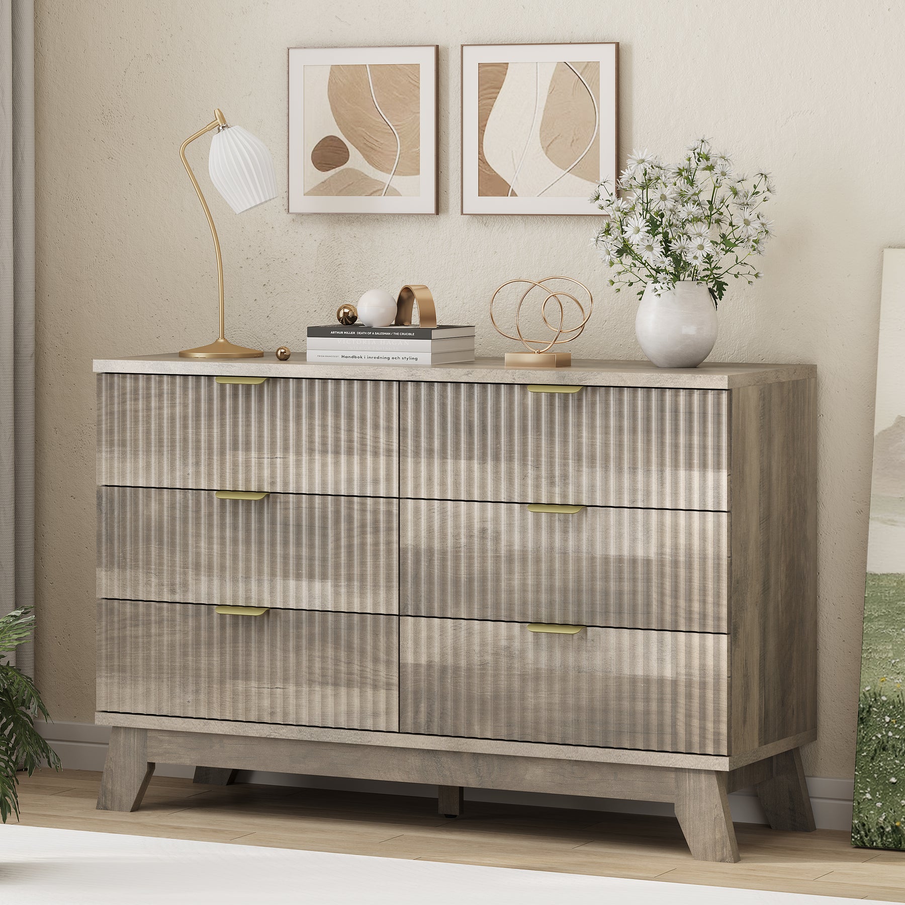 Linear Fluted 6-Drawer Wide Dresser
