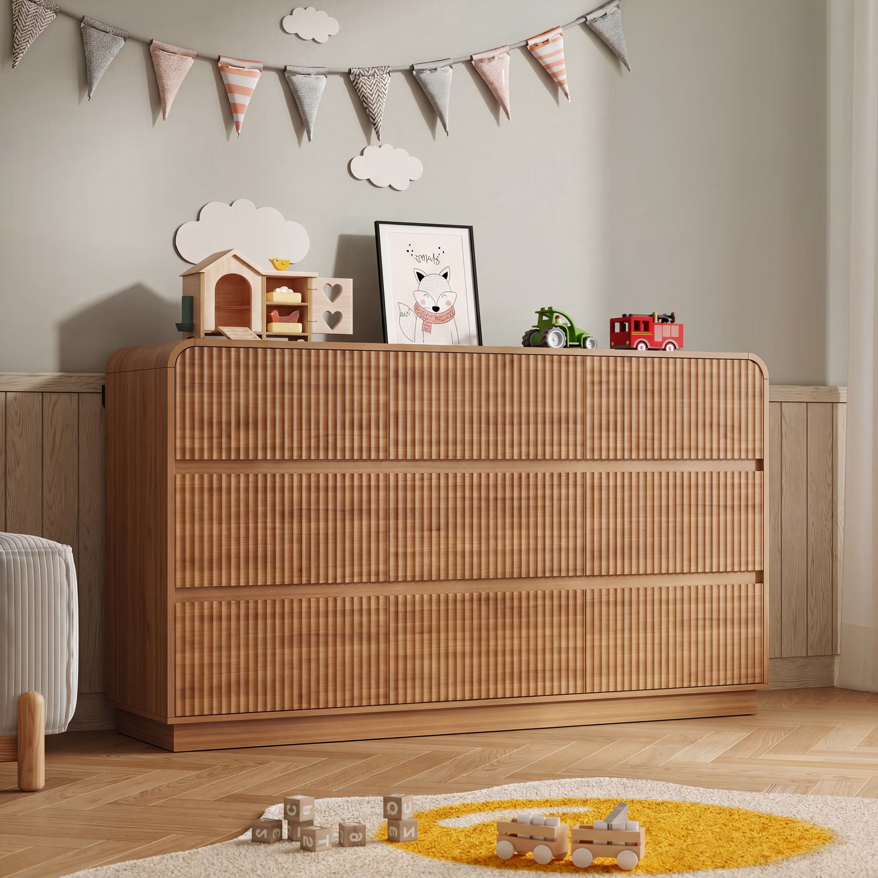 Dimensions of the spacious 9 drawer walnut wood dresser showing 59 inch width and deep storage