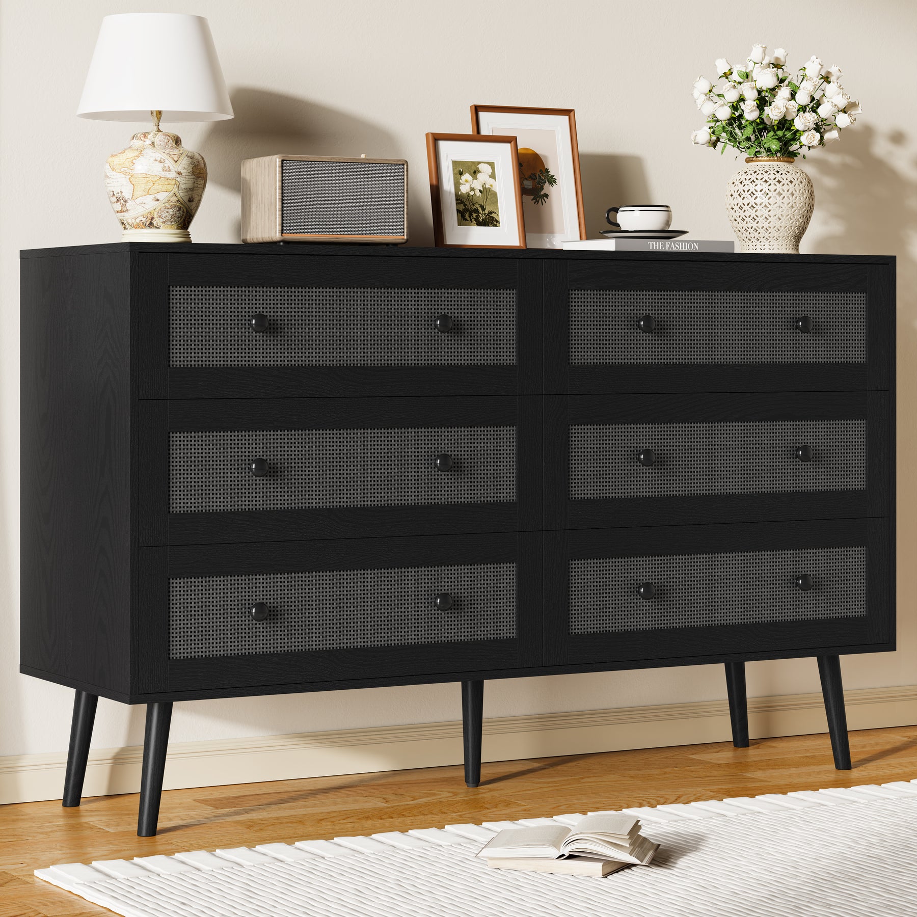 Anymaple Rattan Dresser for Bedroom, 6 Drawer 47.2'' Wide Boho Wood Dresser