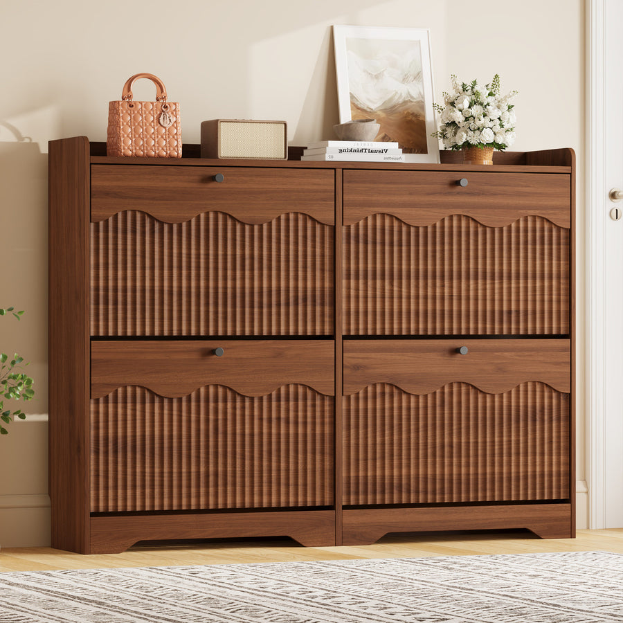 Wave-Edge Fluted Shoe Cabinet with 4 Flip Drawers