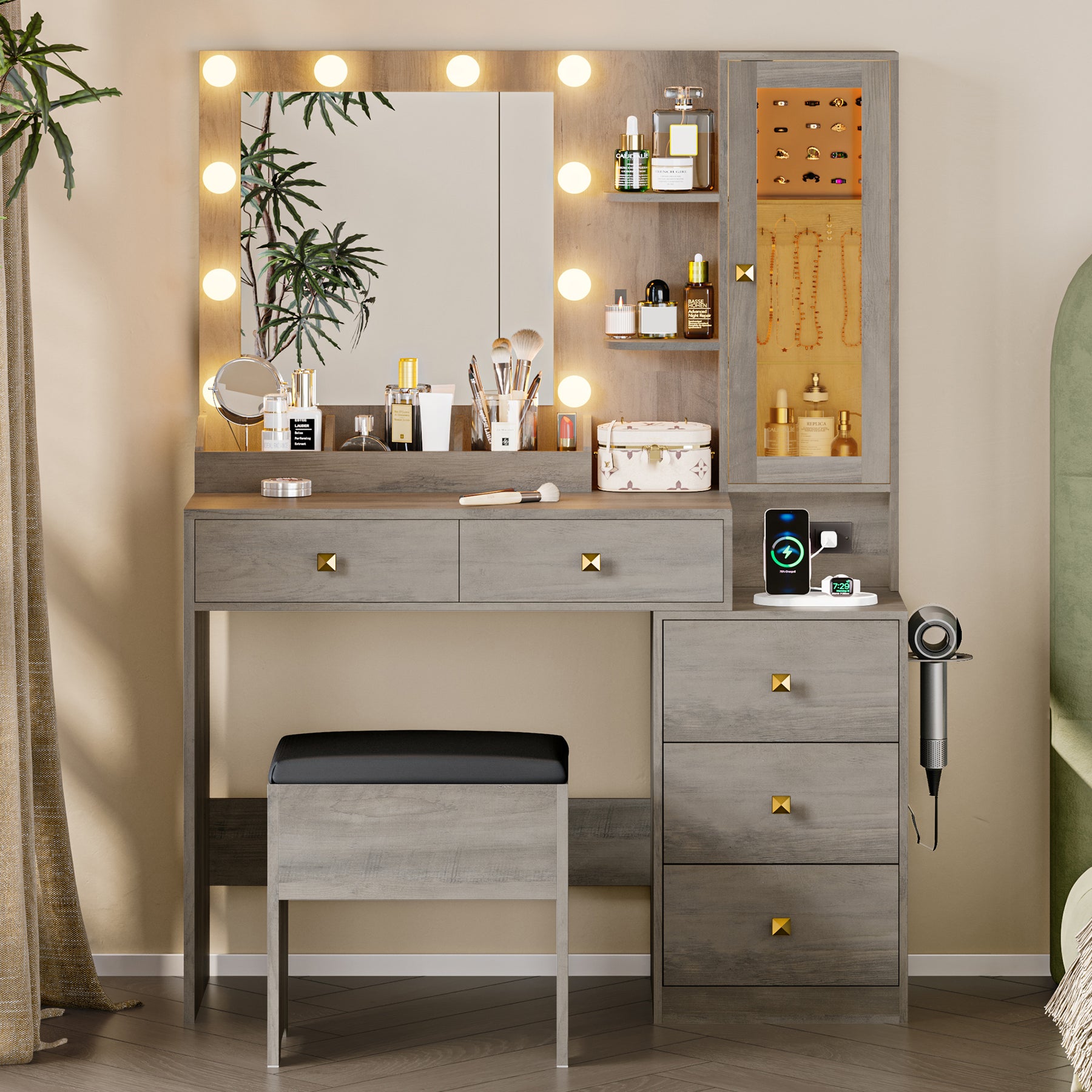 Lighted Makeup Vanity with Jewelry Cabinet