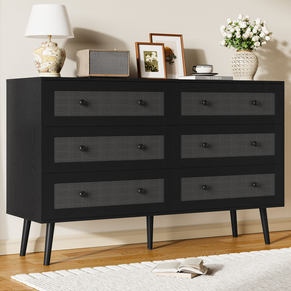 Anymaple Rattan Dresser for Bedroom, 6 Drawer 47.2'' Wide Boho Wood Dresser