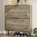 Anymaple Elora two-drawer slim shoe cabinet in gray oak finish, closed three-quarter view