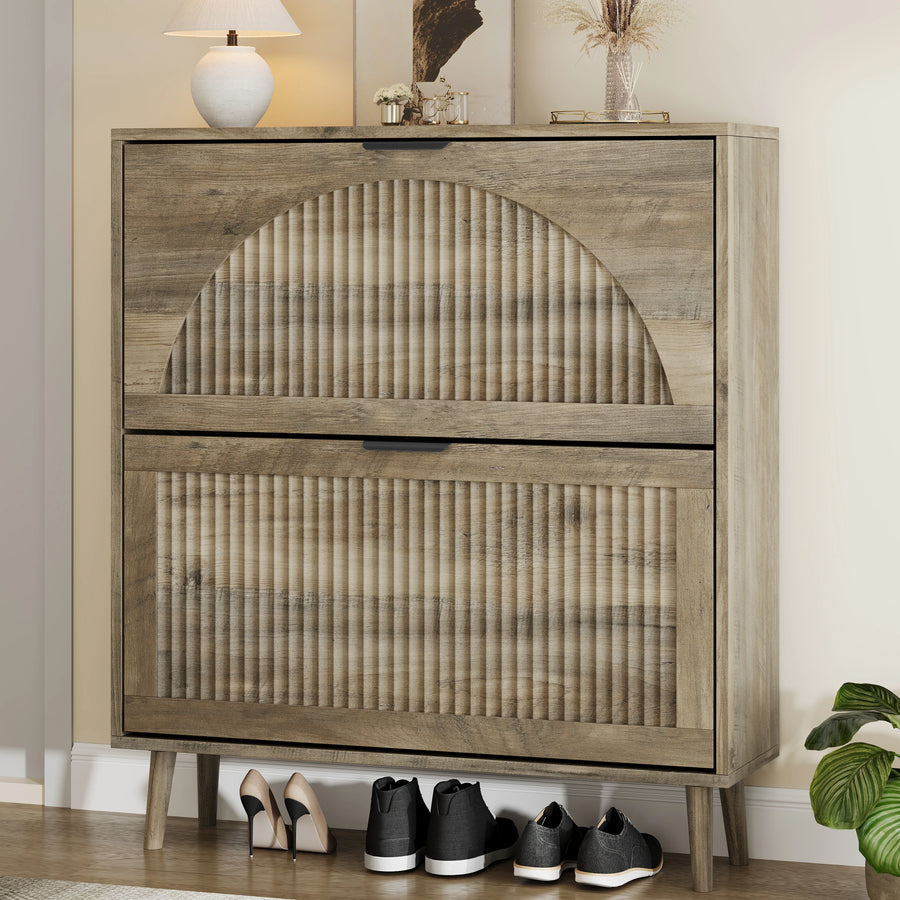Anymaple Elora two-drawer slim shoe cabinet in gray oak finish, closed three-quarter view
