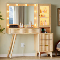 Linea Fluted Makeup Vanity Desk with Mirror & Lights, 5 Drawers| Anymaple