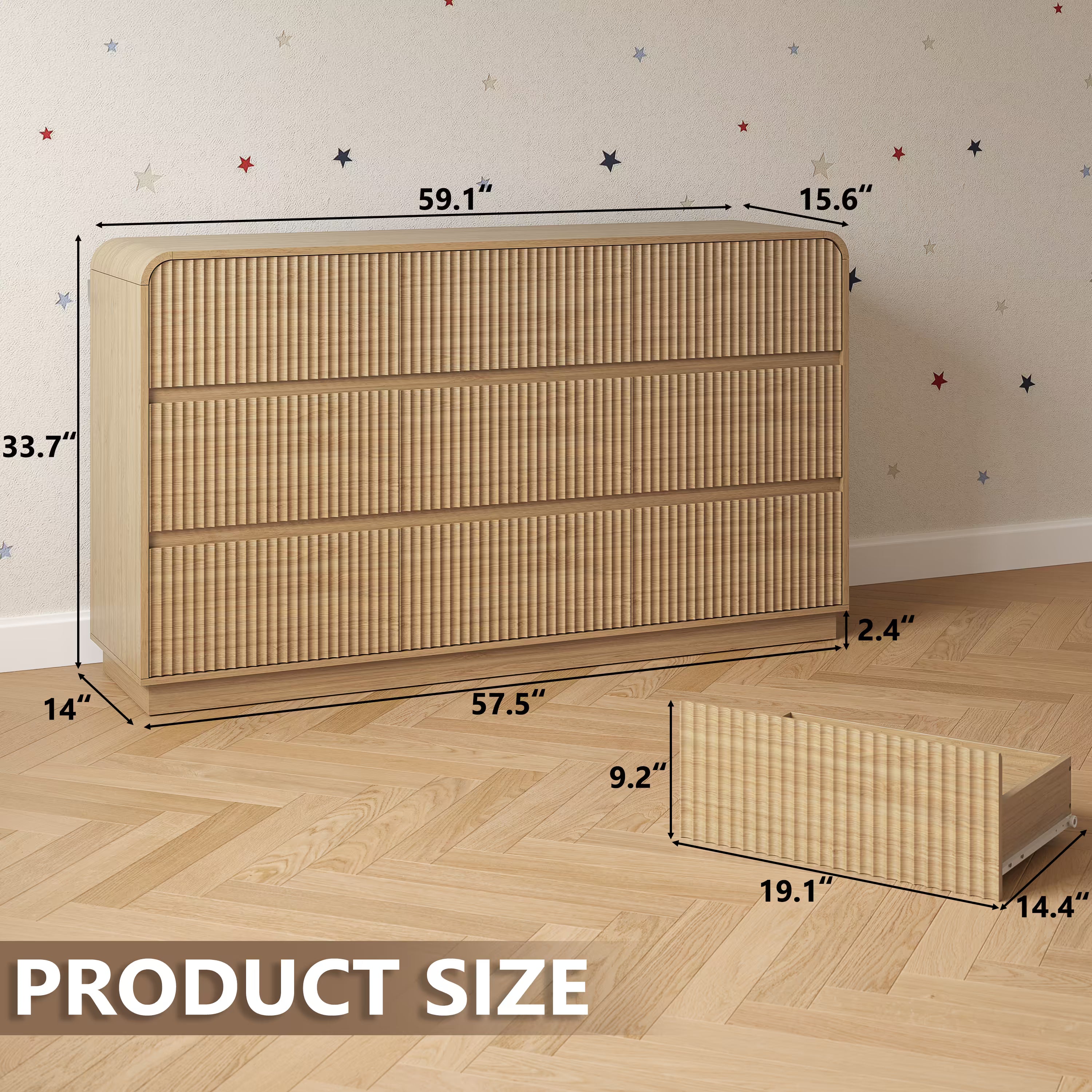 Dimensions of the spacious 9 drawer oak wood dresser showing 59 inch width and deep storage