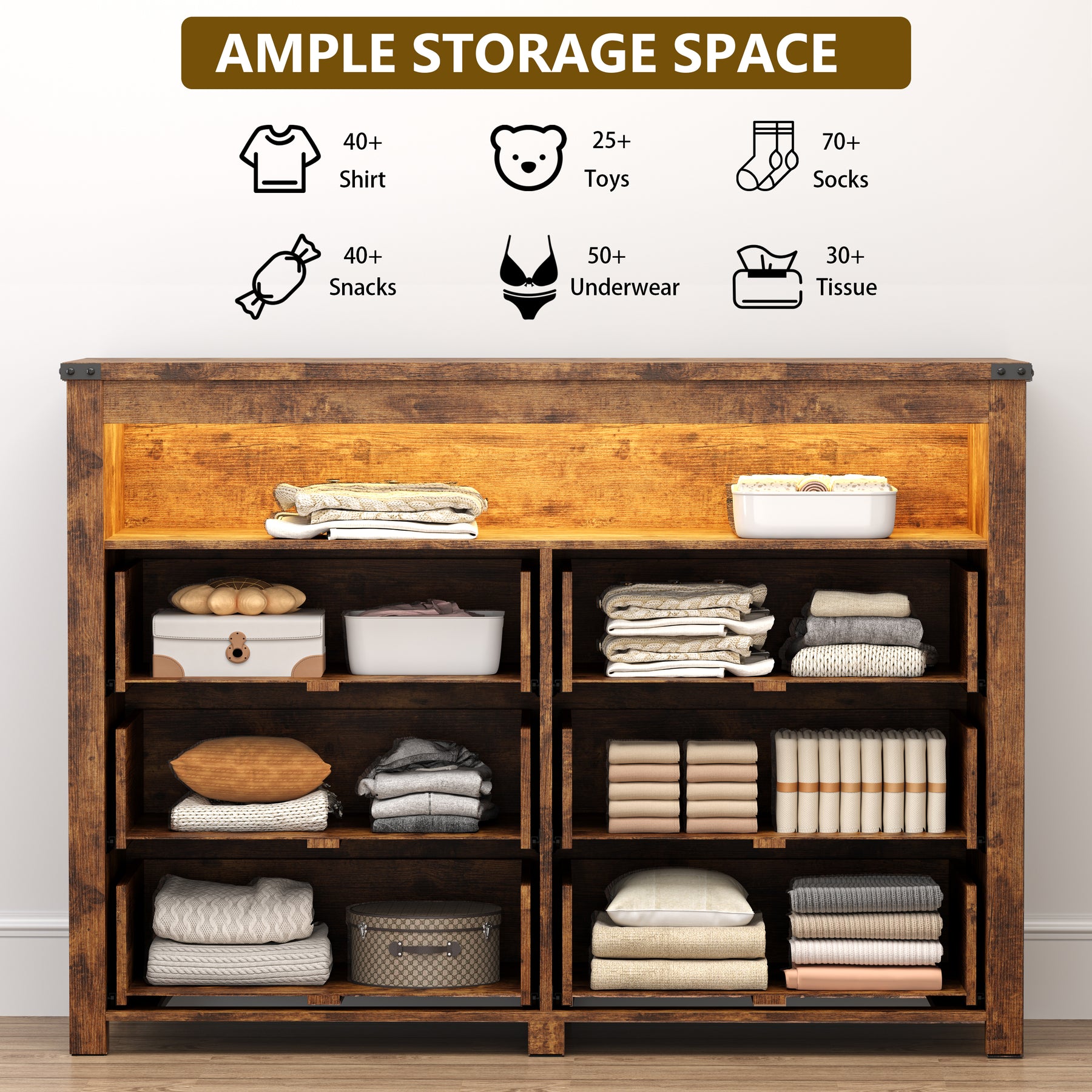 Liora  Six-Drawer High Dresser with LED Shelf