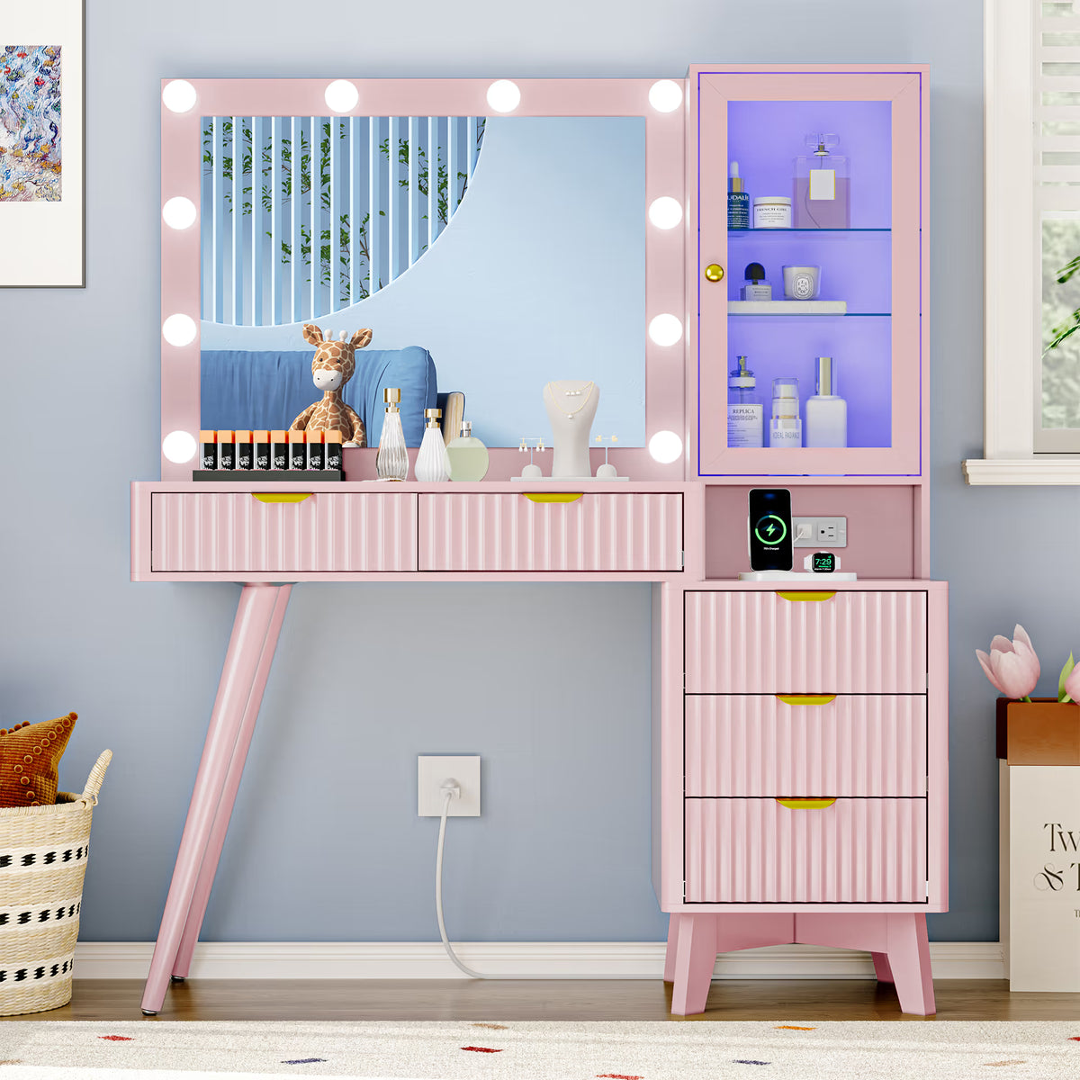 Linea Fluted Makeup Vanity Desk with Mirror & Lights, 5 Drawers| Anymaple