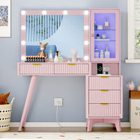 Linea Fluted Makeup Vanity Desk with Mirror & Lights, 5 Drawers| Anymaple