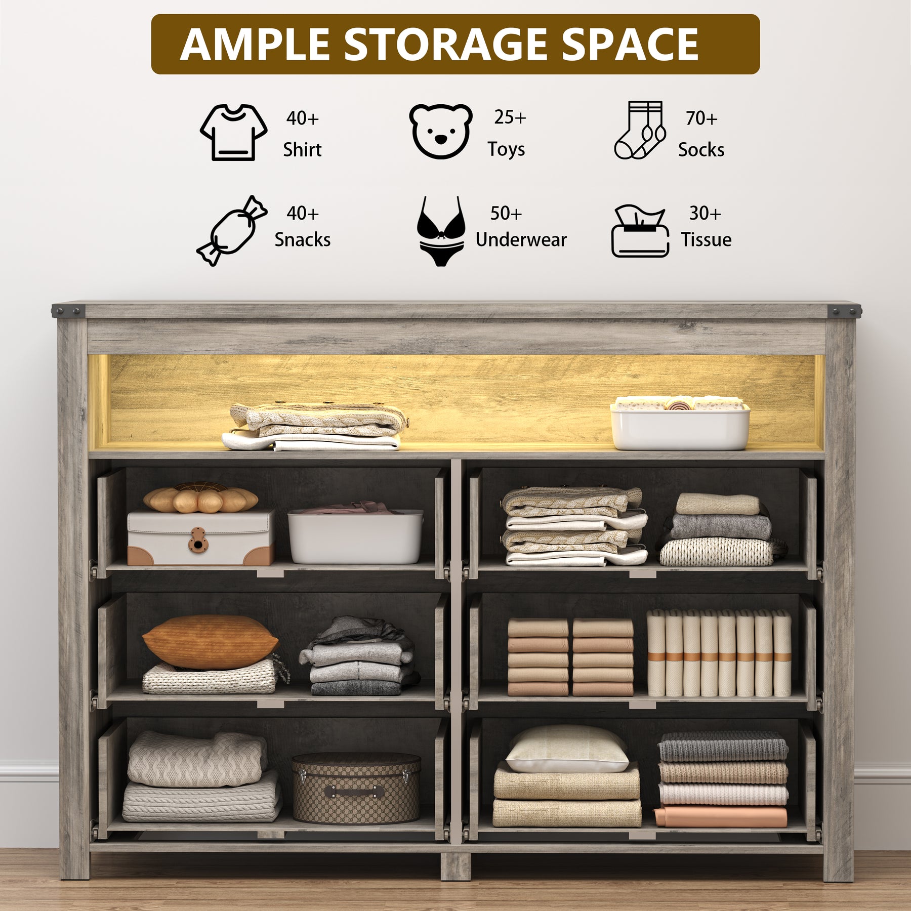 Liora  Six-Drawer High Dresser with LED Shelf