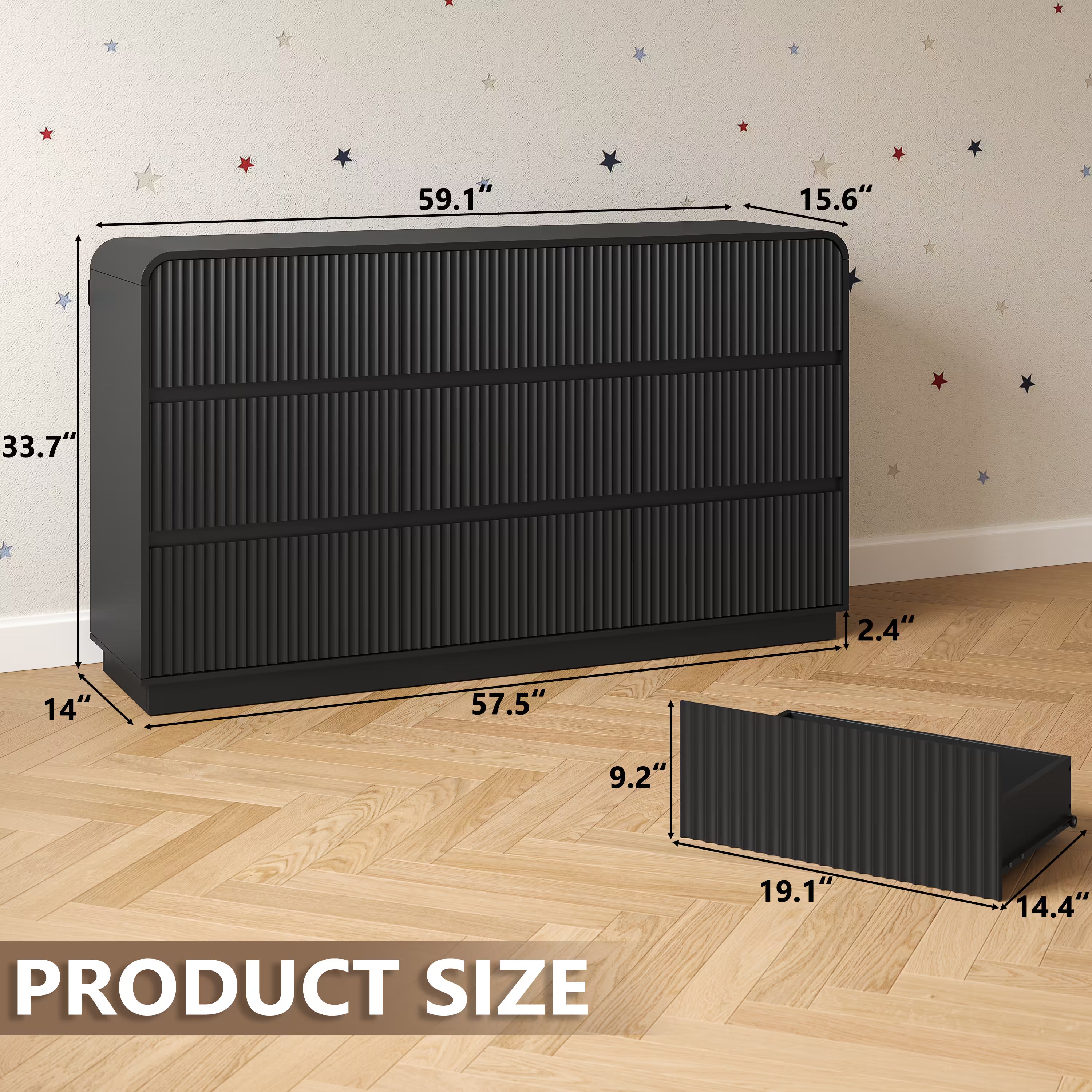 Dimensions of the spacious 9 drawer black wood dresser showing 59 inch width and deep storage
