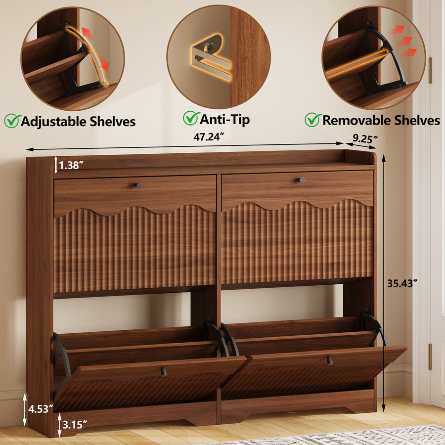Wave-Edge Fluted Shoe Cabinet with 4 Flip Drawers