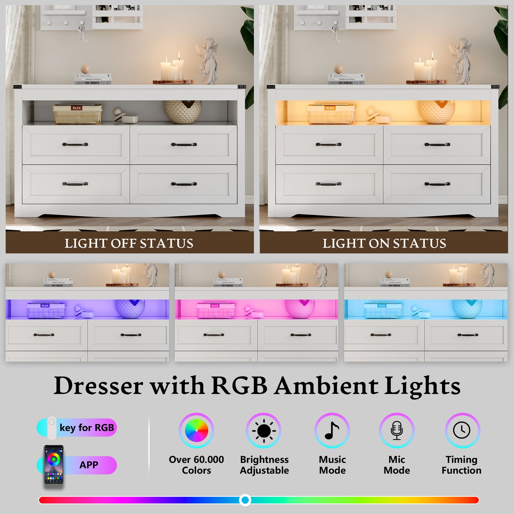 Liora 47" Four-Drawer Dresser with LED Shelf