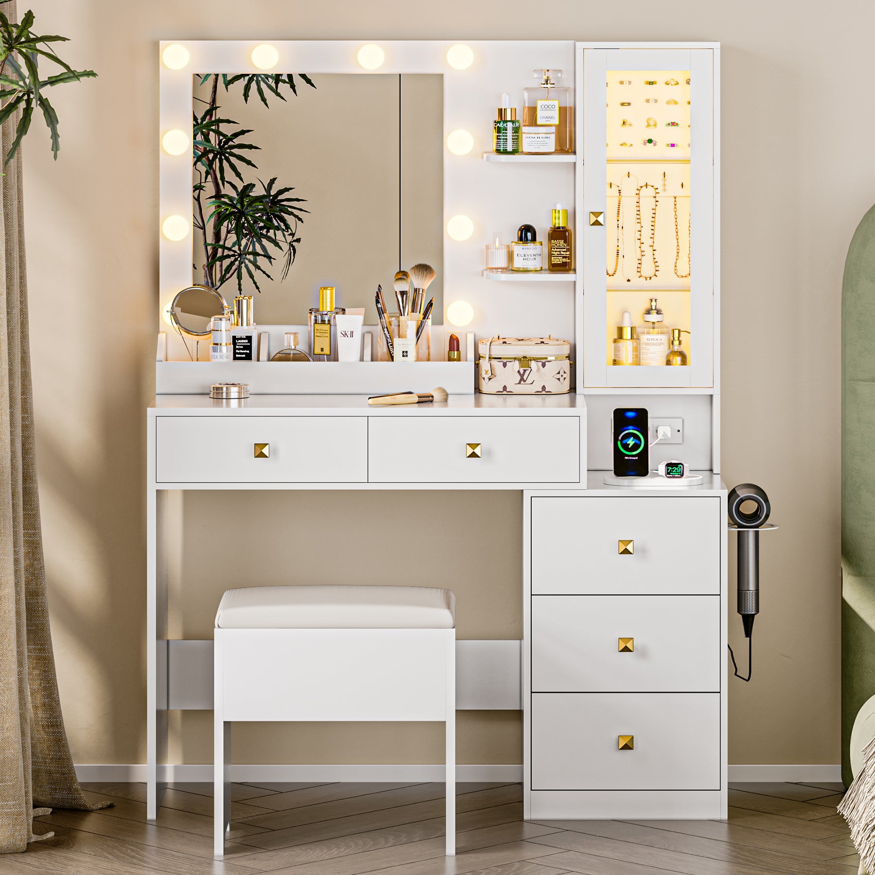 Lighted Makeup Vanity with Jewelry Cabinet