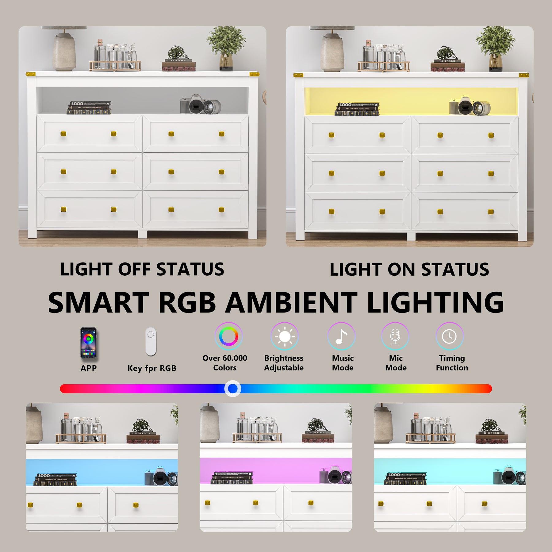 Liora  Six-Drawer High Dresser with LED Shelf
