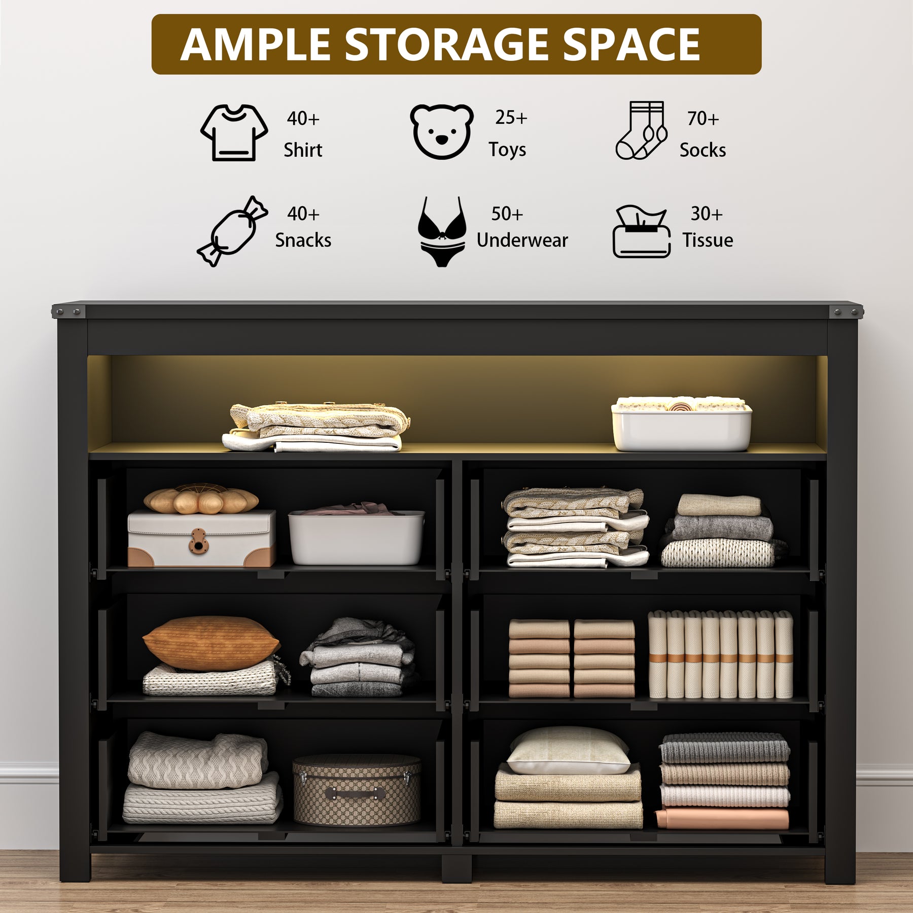 Liora  Six-Drawer High Dresser with LED Shelf